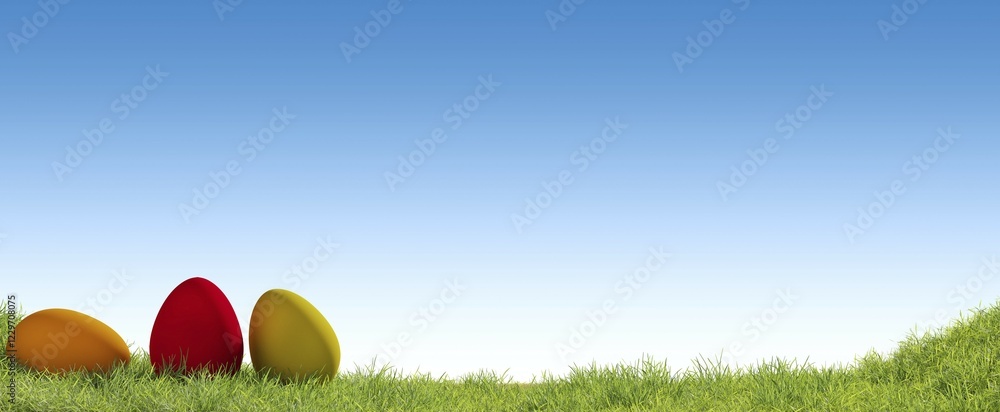 Poster three colorful easter eggs on a grass background using as header, easter concept, 3d rendering