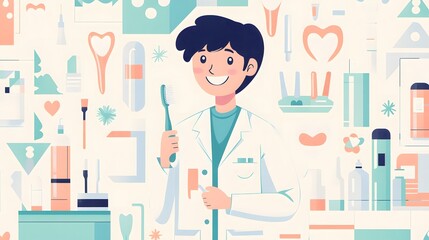 A cheerful flat illustration for National Dentist Day, featuring a smiling dentist holding a toothbrush and tooth model, surrounded by dental tools like floss, toothpaste, and mouthwash