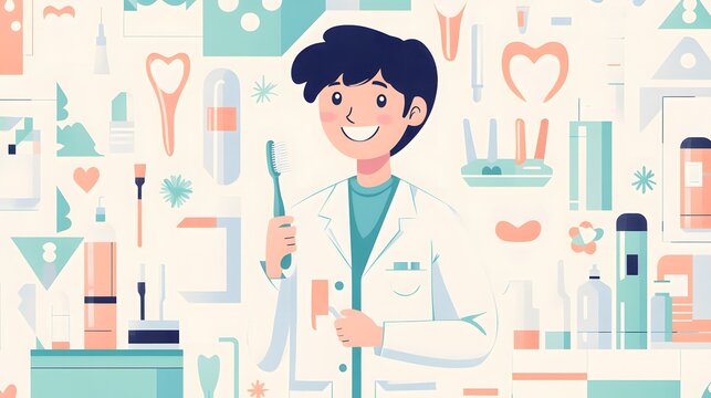 A cheerful flat illustration for National Dentist Day, featuring a smiling dentist holding a toothbrush and tooth model, surrounded by dental tools like floss, toothpaste, and mouthwash