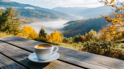 A white coffee cup with a brown liquid in it sits on a wooden table