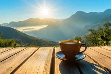 A cup of coffee is sitting on a wooden table in front of a mountain