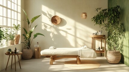 Spa Room Interior with Wooden Elements and Lush Greenery