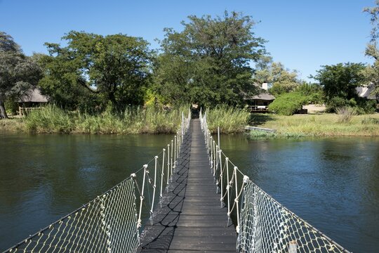 Suspension bridge over the Okavango River, Mobola Lodge, Rundu, Namibia, Africa