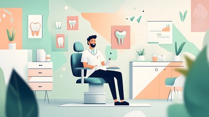 A modern flat illustration for National Dentist Day, showcasing a dentist chair with a dentist and patient, surrounded by tooth icons and oral health symbols. The design uses a harmonious mix of soft 