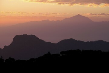 Cloud formation, evening mood view from the Mirador Degollada de Becerra, at back the volcano Teide on Tenerife, Gran Canaria, Canary Islands, Spain, Europe