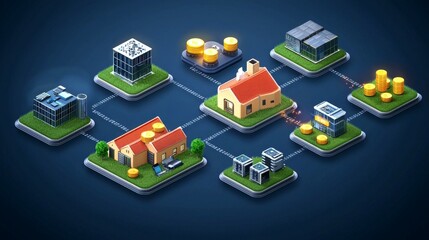 Obraz premium digital assets and ecosystem concept. Isometric cityscape with various buildings and resources connected by paths.