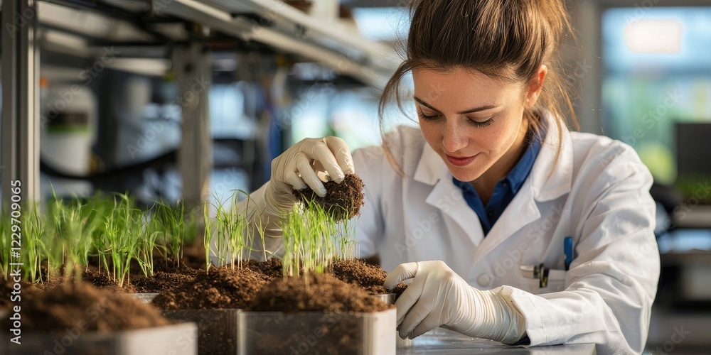 Poster laboratory agricultural science crop analysis with a researcher examining soil samples in a modern l