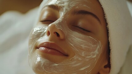 A serene young woman enjoys a facial mask at a spa, showcasing skincare and relaxation. Perfect for wellness and beauty themes.