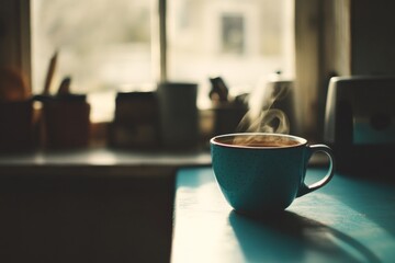 Obraz premium A blue coffee cup with steam coming out of it