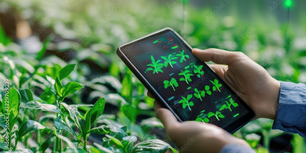 Aufkleber laboratory agricultural science crop analysis focusing on data analysis of plant growth metrics on digital screens, neutral background