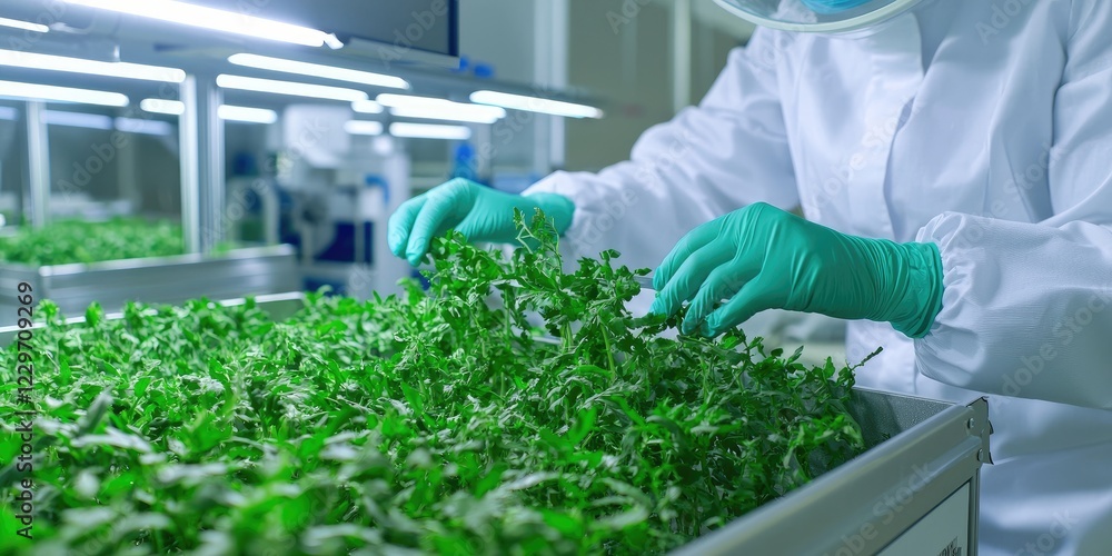 Poster laboratory agricultural science crop analysis featuring a scientist measuring crop health with advan
