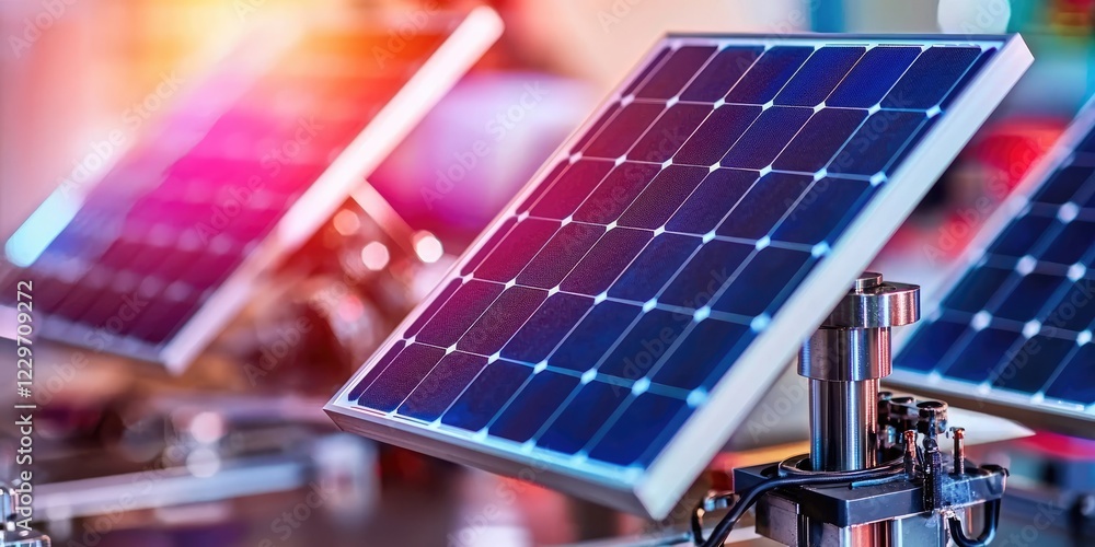 Poster close-up of a researcher examining solar panel samples in a clean lab environment, sophisticated tes