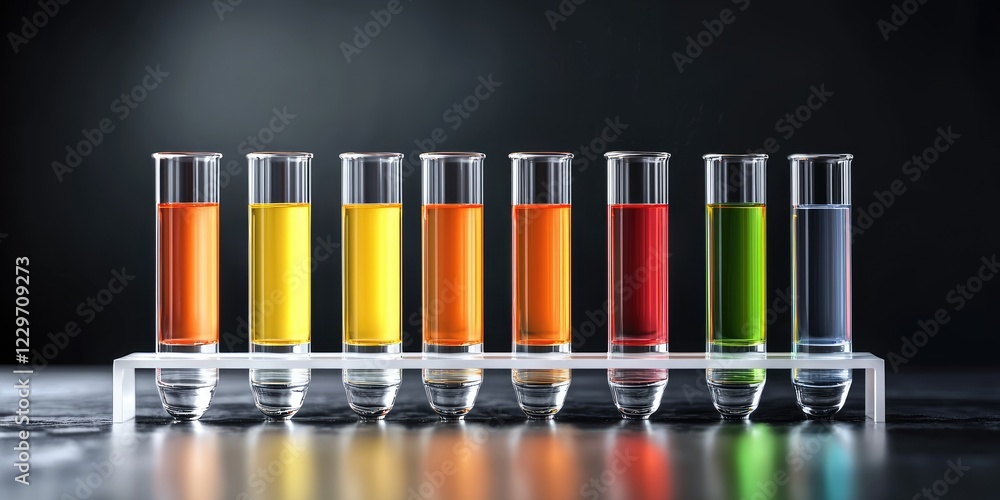 Poster laboratory setting featuring colorful test tubes on a clean workbench, focused on scientific researc