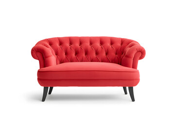 Elegant red velvet armchair with wooden legs. Santa's red velvet armchair isolated on white background