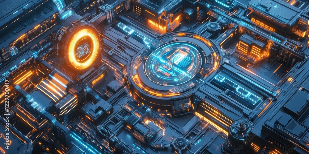 Poster a computer generated image of a city with a large orange circle in the center. the circle is surroun