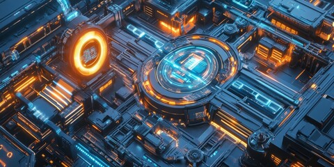 A computer generated image of a city with a large orange circle in the center. The circle is surrounded by a blue and orange grid