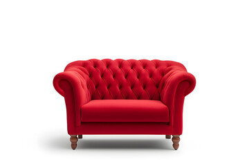 Elegant red velvet armchair with wooden legs. Santa's red velvet armchair isolated on white background