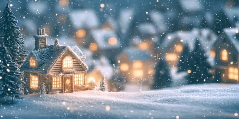 Fototapeta premium A charming cabin illuminated by warm lights amidst a snowy village, capturing the essence of a serene winter night.