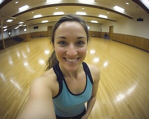 Portrait of a laughing young brunette athlete in a gym, selfie, AI generated
