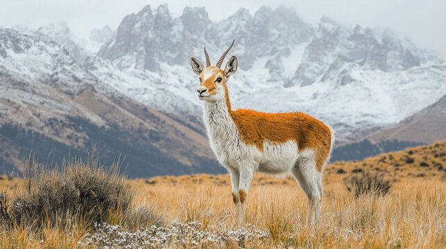 With a gentle demeanor, the kiang grazes in the open field, its striking orange and white coat contrasting beautifully with the stunning snow-capped mountains in the background at twilight