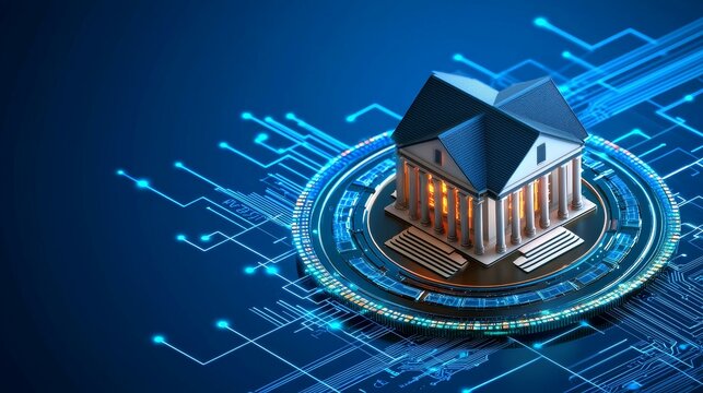 digital assets and ecosystem concept. Digital bank concept with a futuristic house and circuitry on a blue background.