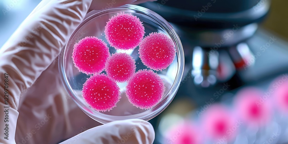 Poster close-up of a scientist observing bacteria culture under a microscope in a sterile laboratory enviro