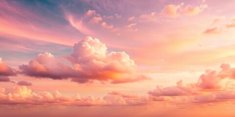 Fototapeta premium A Serene Panorama of Pastel Hues in the Evening Sky, Featuring Softly Lit Cumulus Clouds and a Dreamlike Atmosphere