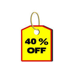 40% off yellow tag with red border, beige cord and white background
