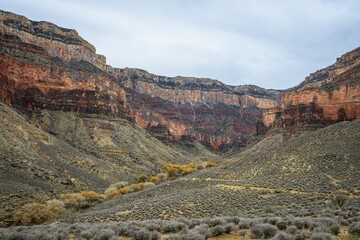 View from the Plateau Point Trail in the canyon of the Grand Canyon to the South Rim, behind Indian...