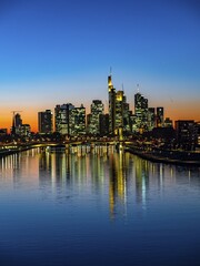 Deutschherrenbr&uuml;cke with skyline at sunset, Frankfurt am Main, Hesse, Germany, Europe