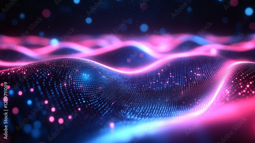 Poster futuristic neon lines glowing abstract wave effects in blue and pink creating a dynamic threedimensi