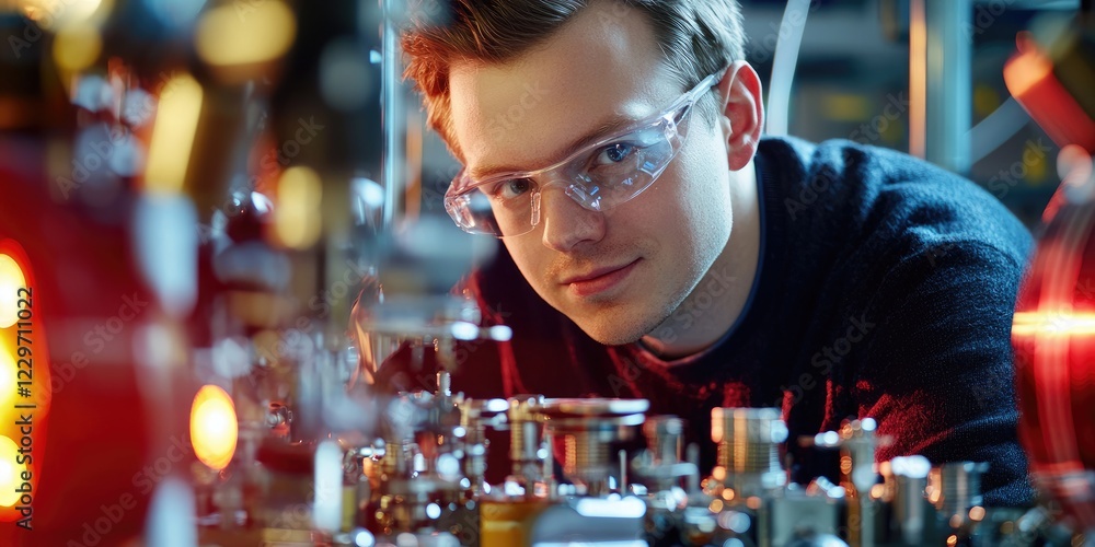 Poster Laboratory physicist conducting a particle detection experiment with advanced equipment and glowing detectors, neutral background