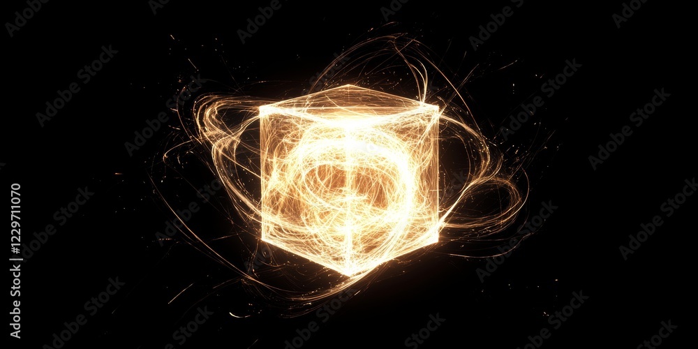 Poster a cube is lit up in a dark background. the cube is surrounded by a glowing, swirling pattern. concep