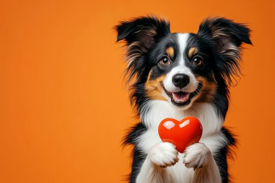 Cute collie pup with diamond red heart - sign of love, funny greeting card. Collie - my treasured dog. Ad campaign visual idea art. Valentine's puppy. Love and furry friends. Red heart.