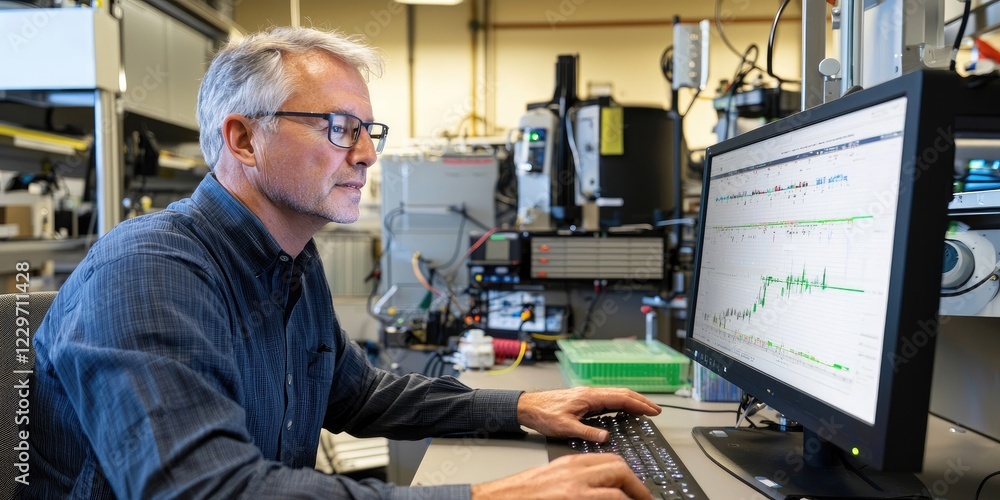 Poster researcher analyzing particle detection data on a computer screen in a high-tech laboratory setting,