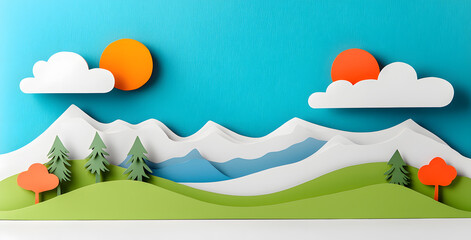 Landscape with mountains and sea waves in paper cut style