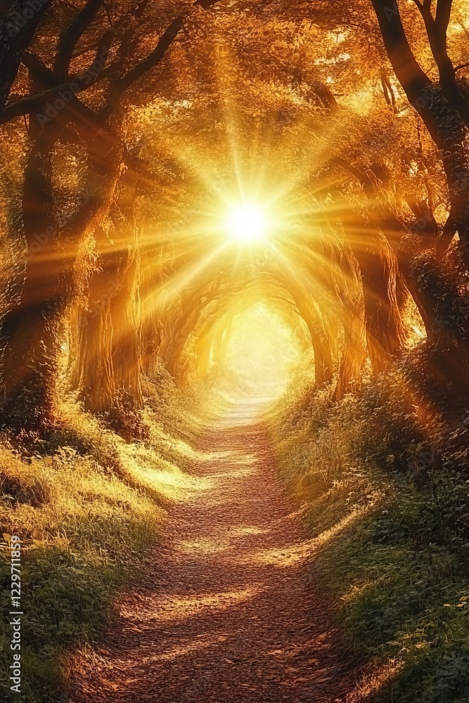 Poster a sunlit forest path with golden light filtering through trees, creating a magical and serene atmosp