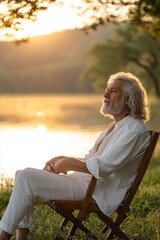 Fototapeta premium Golden Years, Peaceful Reflections Serene Senior Man Enjoys Sunset Tranquility By Lakeside Retreat