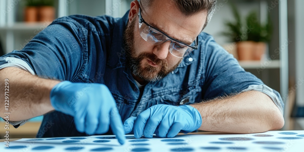 Poster crime scene investigation featuring a forensic expert collecting fingerprints, neutral background, e