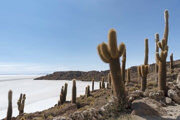 Isla Incahuasi with centuries-old cacti (Echinopsis atacamensis), in the salt lake Salar de Uyuni, Uyuni, Potos&iacute;, Bolivia, South America