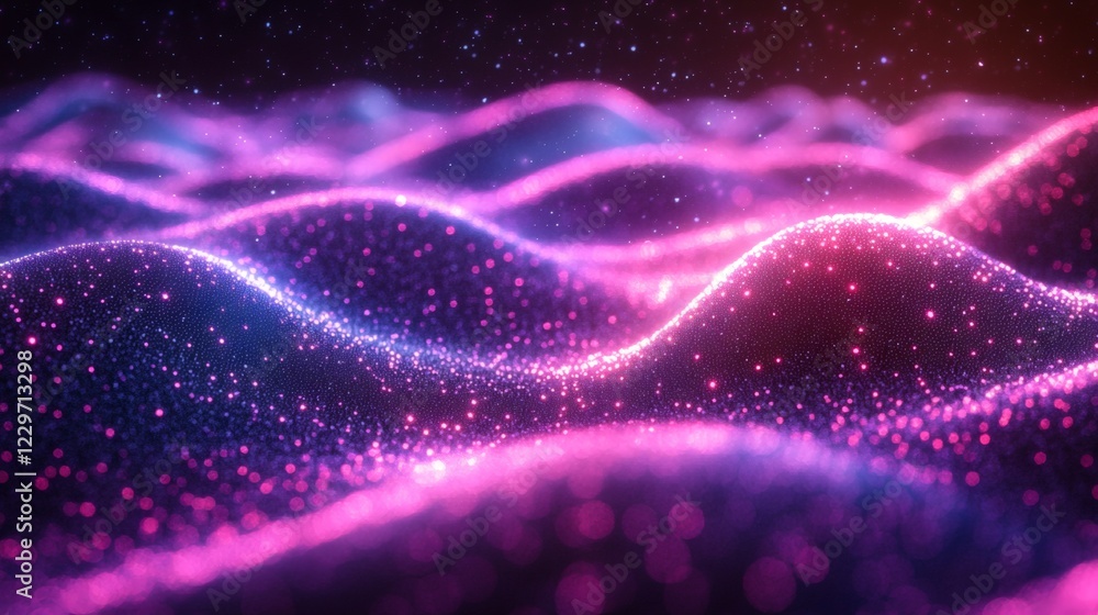 Poster futuristic wave motion ultraviolet light with digital gradients and bright neon lines forming an abs