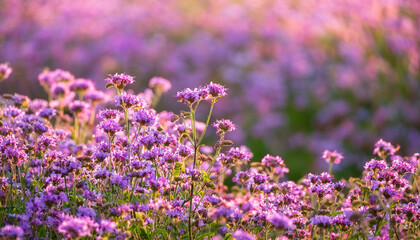 Obraz premium Close Up of Purple Flowers in a Field and Copy Space
