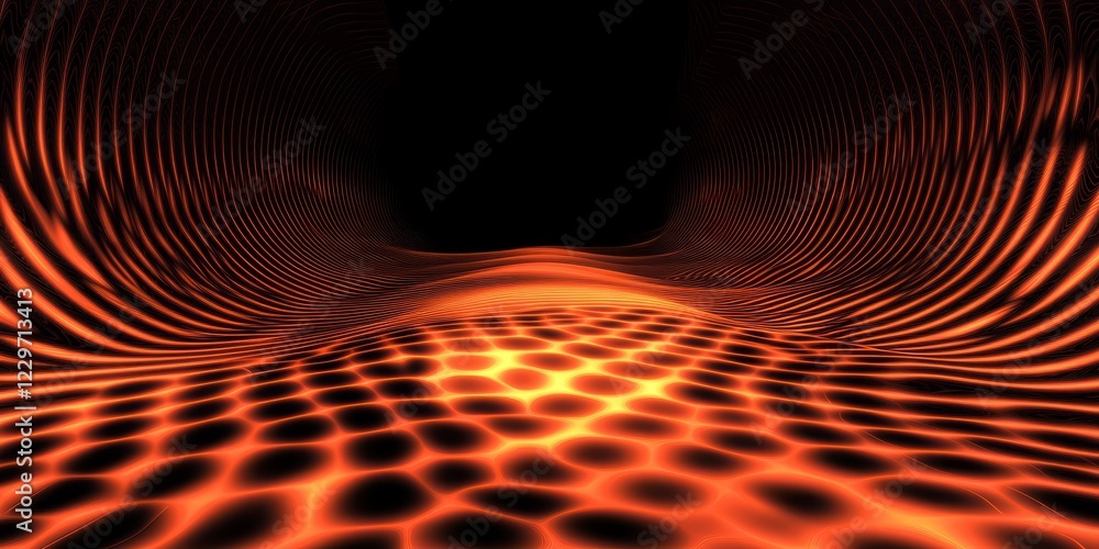 Poster dynamic abstract digital wave pattern featuring vibrant orange and black gradient, creating a futuri