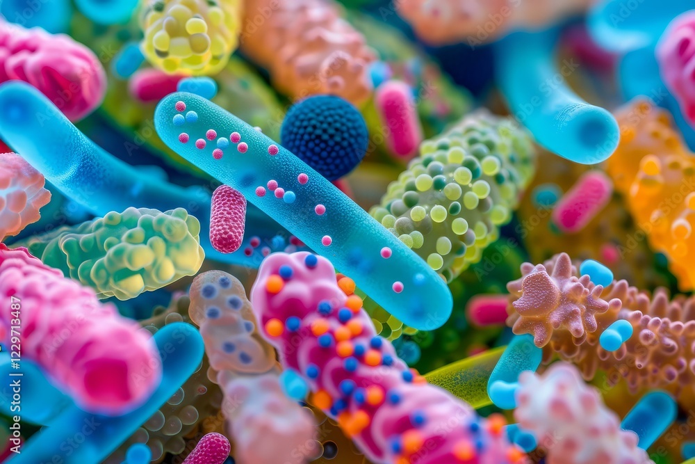 Poster microscopic view of various colorful bacteria and viruses, highlighting the diversity and complexity
