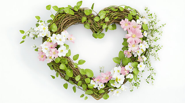 A wreath with pink and white flowers in the shape of a heart