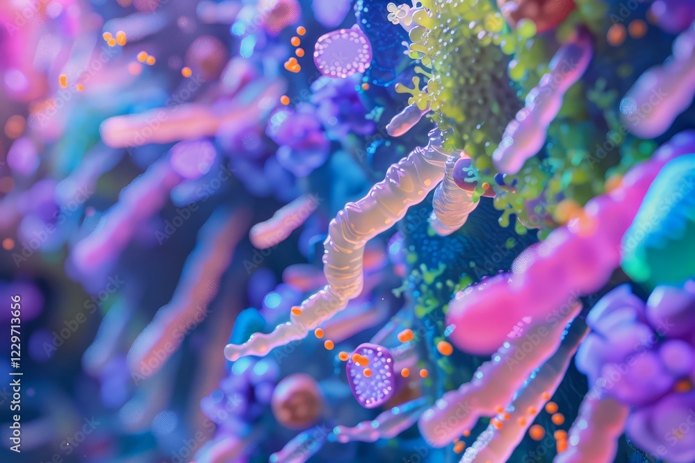 Poster microscopic organisms, including bacteria and viruses, thrive in a colorful and dynamic ecosystem, s