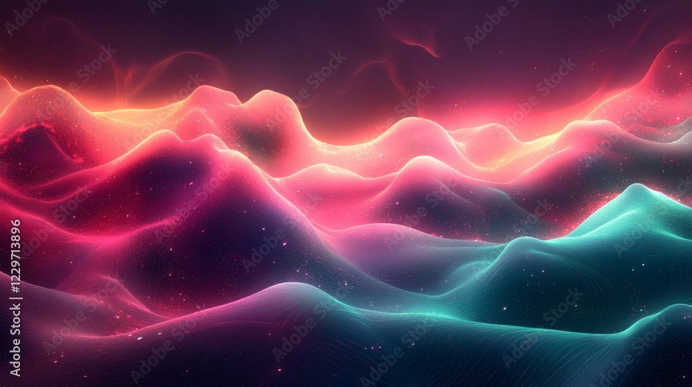 Aufkleber geometric shapes neon green and pink with glowing gradients and smooth wave textures forming a dynam