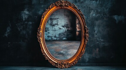 Antique oval mirror on grunge wall.