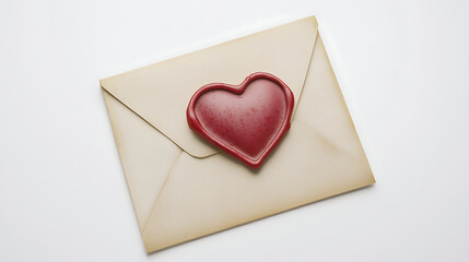 A red heart is placed on top of an envelope