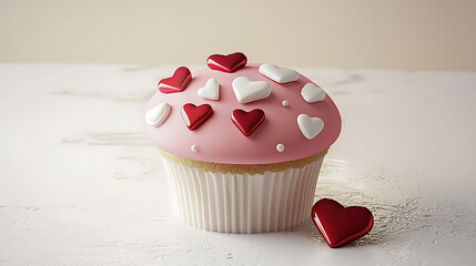 A cupcake with hearts on it is sitting on a table
